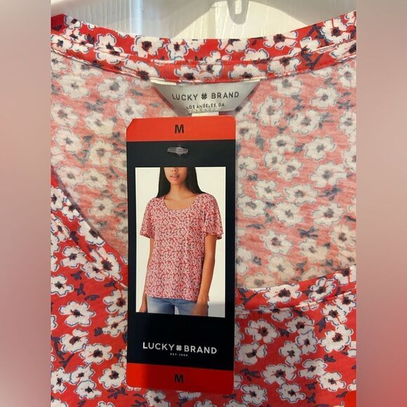 NWT Lucky Brand Floral Print Scoop Neck Stretch Knit Cotton Blend Tee M - Picture 3 of 12
